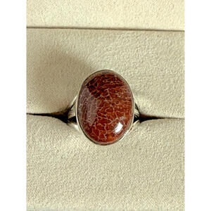 Vintage 925 Sterling Silver Fossil Bone Statement Ring Size 6.5 Oval